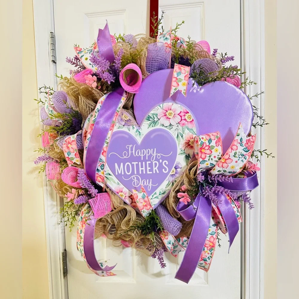 Happy Mother's Day Purple Heart Wreath with Floral Accents